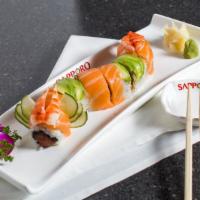 Orange Dragon Roll (8) · Spicy tuna roll, topped with salmon, avocado and shrimp.