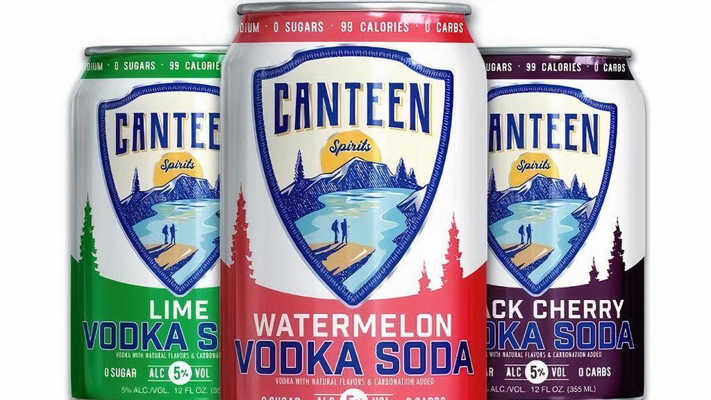 Canteen Vodka Soda · Can - Assorted Flavors. Must be 21 to order, have your ID ready. . Must be ordered with food for ToGo.. TENNESEE ONLY: No driver shall consume any alcoholic beverage or beer or possess an open container of alcoholic beverage or beer while operating a motor vehicle in this state.. CALIFORNIA ONLY: Alcoholic beverages that are packaged by this establishment are open containers and may not be transported in a motor vehicle except in the vehicle’s trunk; or, if there is no trunk, the container may be kept in some other area of the vehicle that is not normally occupied by the driver or passengers (which does not include a utility compartment or glove compartment (Vehicle Code Section 23225)). Further, such beverages may not be consumed in public or in any other area where open containers are prohibited by law..