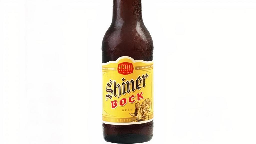 Shiner Bock · 12oz Bottle. Must be 21 to order, have your ID ready. . Must be ordered with food for ToGo..  . CALIFORNIA ONLY: Alcoholic beverages that are packaged by this establishment are open containers and may not be transported in a motor vehicle except in the vehicle’s trunk; or, if there is no trunk, the container may be kept in some other area of the vehicle that is not normally occupied by the driver or passengers (which does not include a utility compartment or glove compartment (Vehicle Code Section 23225)). Further, such beverages may not be consumed in public or in any other area where open containers are prohibited by law..