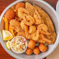 Crabs Peak Platter · Fried crab poppers (2), fried catfish (2), fried shrimp (8) hushpuppies (4) Served with frie...