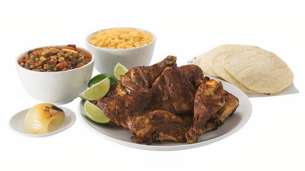 Whole Grilled Chicken · Eight pieces of our Mesquite Grilled Chicken. Served with large sides of Rice and Charro Beans, 10 Corn Tortillas, a whole Grilled Onion, and a 4 Lime Wedges.