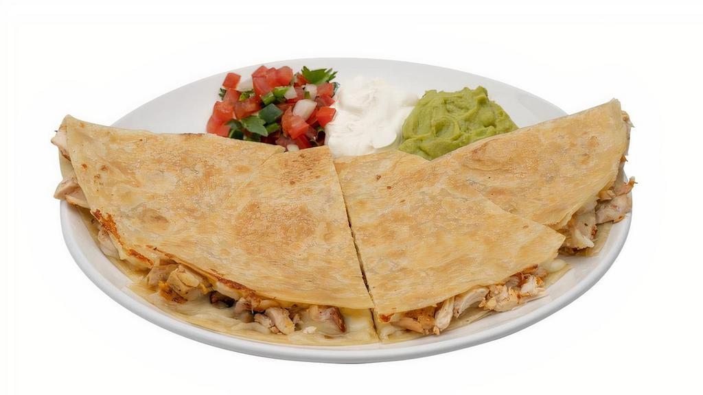 Quesadilla · A Quesadilla made with your choice of the following meats: Chorizo, Barbacoa, Pastor, Chicken, and Grilled Beef. Served with Sour Cream, Guacamole, and Pico de Gallo.