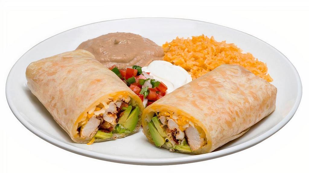 Burrito · A Burrito made with your choice of the following meats: Chorizo, Barbacoa, Pastor, Chicken, and Grilled Beef. Filled with Cheese and Avocado slices. Served with medium sides of Rice and Refried Beans, Sour Cream, and Pico de Gallo.