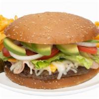 Mexican Burger · A Mexican Burger made with a Beef Patty, a Slice of Ham, Cheese, Lettuce, Tomato, Onions, Av...