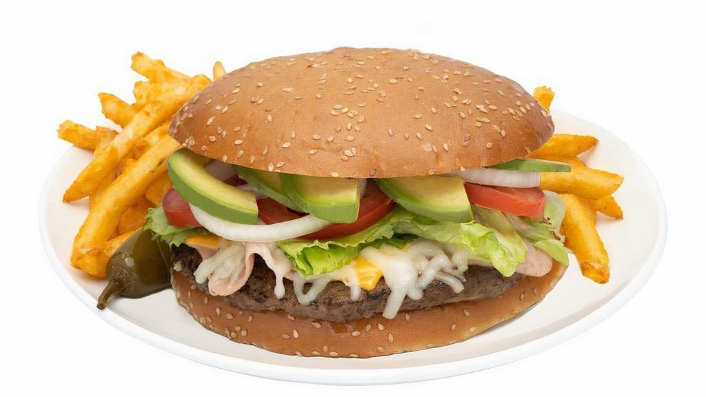 Mexican Burger · A Mexican Burger made with a Beef Patty, a Slice of Ham, Cheese, Lettuce, Tomato, Onions, Avocado, and choice of Condiments. Served with a side of French Fries and a pickled Jalapeño.