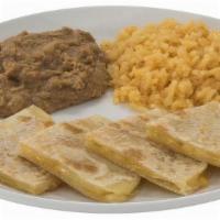 Kid Quesadilla · A Quesadilla filled with Shredded Cheese. Served with medium sides of Rice and Refried Beans.