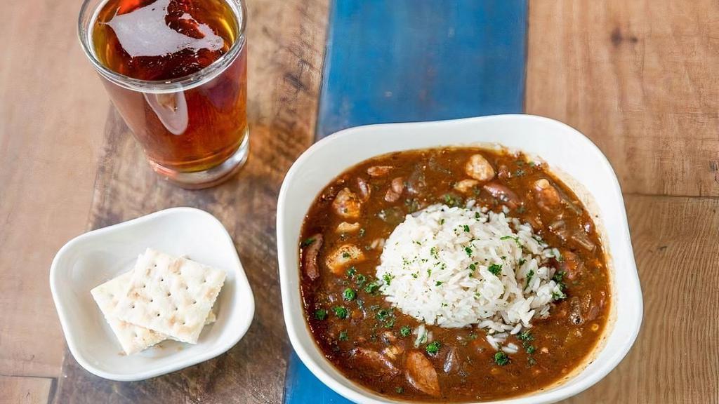 Kitchen Sink Gumbo - Bowl · Shrimp, fish, chicken & andouille.  With rice