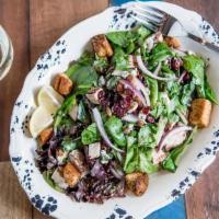 Darn Good Salad* · Mixed greens, dried cranberry, spiced pecans, onion, bleu cheese, croutons, balsamic vinaigr...