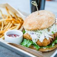Fish Sandwich · Abita beer battered & fried.  With bacon jam, remoulade and creamy slaw (served on side for ...