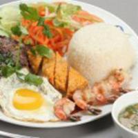 Special Rice Plate / Cơm Tấm Đặc Biệt  · Grilled shrimp, pork chop, fried tofu paper-wrapped shrimp cake, fried egg, served with stea...
