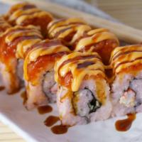 Dang · Crab, cucumber, avocado topped w/ spicy tuna  * spicy mayo, eel sauce