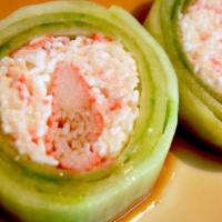 Lady Finger Roll · crabmeat, crabstick wraping cucumber with ponzu sauce