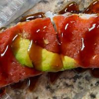 Tiger · Shrimp, cucumber topped w/ spicy tuna & avocado with eel sauce,spicymayo