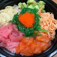 Poke Bowl · Salmon,tuna,spicy crab,avo,seaweed salad,ginger bedden on rice with sashimi salad sauce,whit...