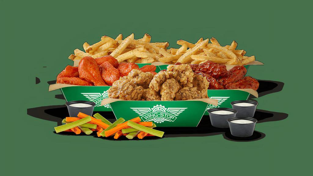 40Pc Group Pack · 40 Boneless or Classic (Bone-In) wings with up to 4 flavors, 2 large fries, 2 veggie sticks and 4 dips. (Feeds 5-6)