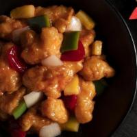 Sweet & Sour Chicken · 3440 Cals. Platter serves 6-8. Sweet & sour sauce, pineapple, onion, bell peppers, ginger.