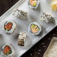 California Roll And Spicy Tuna Roll Combo* · 1360 Cals. Platter includes 32 pieces. California Roll: Kani kama, cucumber, avocado, umami ...