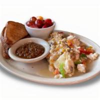Texas Trainer'S Scramble · Scrambled egg whites with smoked turkey, mushrooms, onions, bell peppers, tomatoes, Cheddar ...