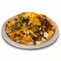 Texas Frito Pie · Fritos covered with Cheddar cheese, Texas Cafe chili, jalapeños and onions.