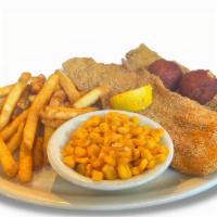 Southern Fried Catfish · Two catfish fillets lightly battered and fried golden brown. Served with our homemade hush p...