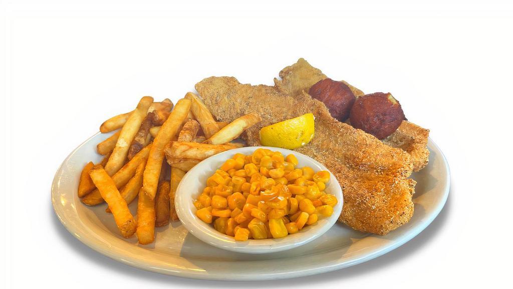 Southern Fried Catfish · Two catfish fillets lightly battered and fried golden brown. Served with our homemade hush puppies and tartar sauce. Served with your choice of two fresh made veggies and Norma's Cafe homemade rolls and cornbread.