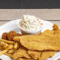 3 Piece Fish Dinner · Includes Hush Puppies and Two Sides