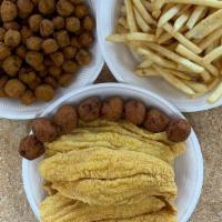 8 Piece Fish Dinner · Includes Hush Puppies and Two Family Sides