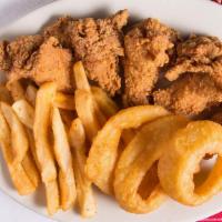 Famous Fried Chicken Wing Basket · Golden fried  chicken wingless served with seasoned fries or onion rings.
