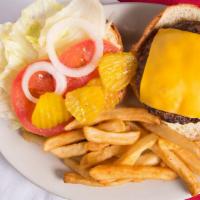 Chicago Cubs Burger · A half pounder with American cheese, lettuce, tomatoes, onions, and pickles served with frie...