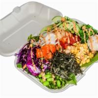 Regular Half & Half Bowl · Half salad and half white or brown rice bowl with two scoops of protein