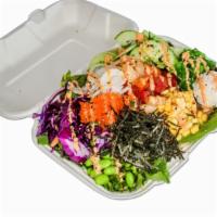 Large Half & Half Bowl · Half salad and half white or brown rice bowl with three scoops of protein