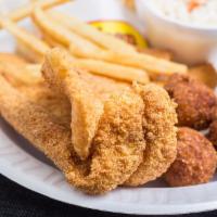 2 Piece Fish Fillets Dinner · 2 Fish Fillets served with choice of hushpuppies, biscuit or roll, cocktail or tarter sauce ...