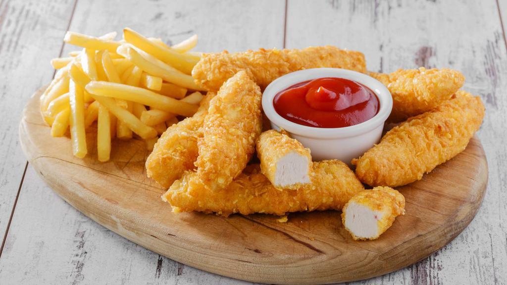Crispy Chicken Tenders With Fries · Crispy chicken tenders served with batch of fries.