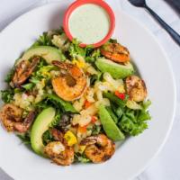 Spicy Shrimp Salad · Blackened Shrimp, avocado, pineapple-Mango pico, jalapeno cilantro ranch on the side.