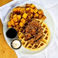 Chicken & Waffle · Buttermilk chicken breast, belgian waffle, whipped cinnamon butter.