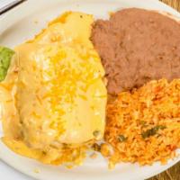 Chimichanga · EXTRA LARGE fried flour tortilla stuffed with mixed cheeses, taco meat or shredded chicken, ...