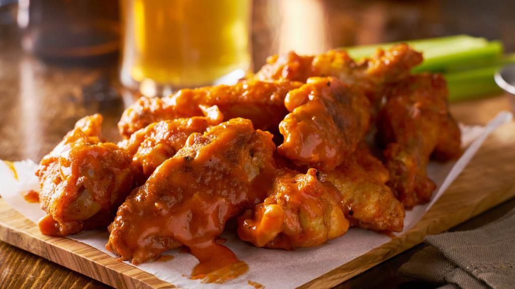 Buffalo Chicken Wings · Deep-fried chicken wings tossed with in a hot Buffalo sauce.