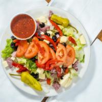 Joe'S Salad · Diced ham, salami, Provolone cheese, lettuce, tomato, black olives and onions.
Add chicken f...