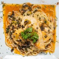 Chicken Darden · Mushrooms, capers, pepperoncini, onions, demin sauce with a side of spaghetti.