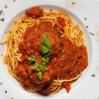 Spaghetti · Served with bread and meatballs, meat sauce or sausage.
