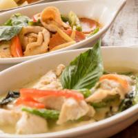 Green Curry · With bamboo, eggplant, bell pepper, basil, zucchini, green bean. Spicy, cannot make without ...