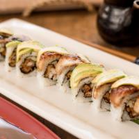Sky Diver · Soft shell crab, cucumber, topped with unagi, avocado, and eel sauce.