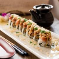 Spicy Cajun Roll · Spicy crawfish tail, avocado, crunchy topped with spicy tuna, crab mixed, wasabi tobiko, ser...