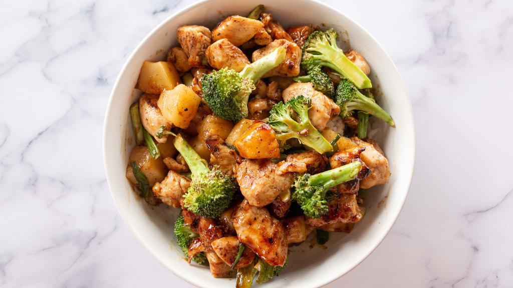 Teriyaki Bowl · Broccoli, green onion and pineapple in a sweet soy ginger teriyaki sauce with your choice of protein & base. Topped with crunchy chow mein.