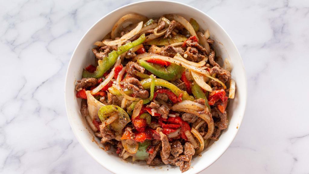 Mongolian Bowl · Roasted red peppers, green bell peppers, onion and water chestnuts in a zesty Mongolian BBQ sauce with your choice of protein & base. Topped with wonton strips.