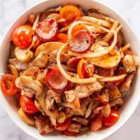 3 Meat Bbq Bowl · Wok-style pork, bacon and smoked sausage stir-fried with mushrooms, tomatoes, yellow onions,...