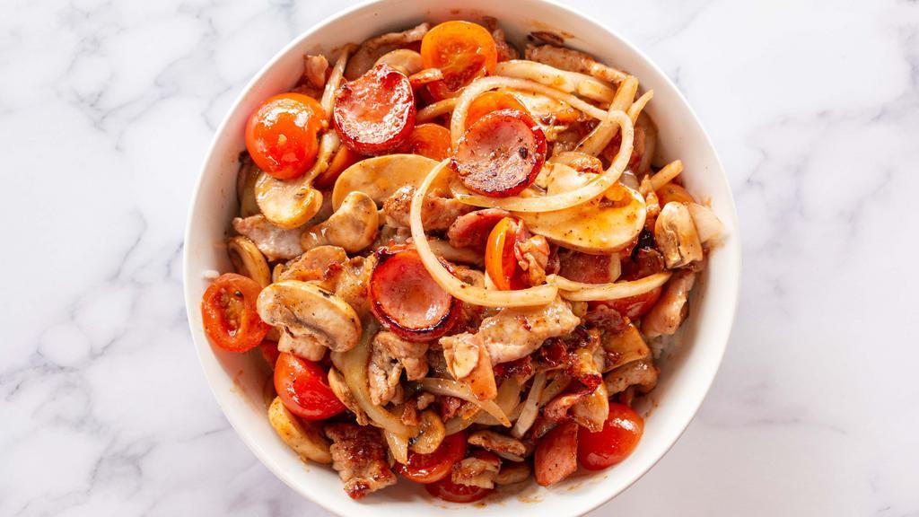 3 Meat Bbq Bowl · Wok-style pork, bacon and smoked sausage stir-fried with mushrooms, tomatoes, yellow onions, garlic and ginger in a Teriyaki BBQ sauce, with your choice of base.