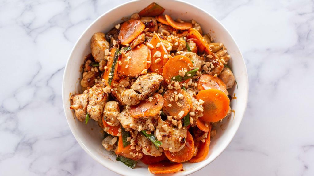 Kung Pao Bowl · Baby corn, carrots, and green onions in in a spicy Kung Pao sauce with your choice of protein & base. Topped with peanuts.