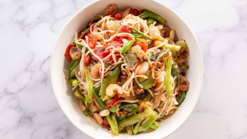 Thai Sweet Chili Bowl · Green onions, water chestnuts, green bell peppers, jalapenos, roasted red peppers, garlic and ginger with a sweet and sweet Thai Chili sauce, with your choice of protein & tossed with rice noodles.