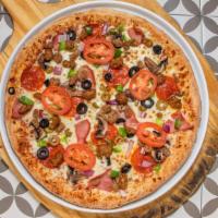 Supreme · Pepperoni, Canadian bacon, mushrooms, green and black olives, green peppers, onions, beef, s...
